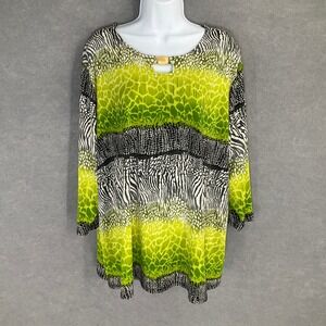 Susan Graver‎ Womens 2X Tunic Top Green Animal Print Keyhole Liquid Knit  Blouse